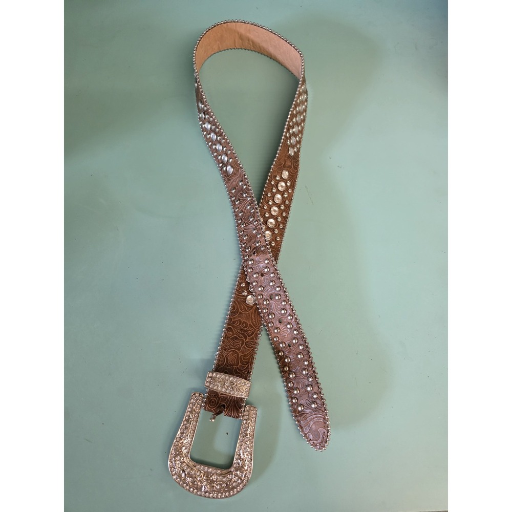 Women Rhinestones Brown & Silver Belt For Jean Western Cowgirl Studded Belt